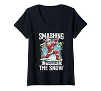 Womens Santa Playing Softball Smashing through the snow Christmas V-Neck T-Shirt