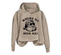 Women's Santa Print Where My Ho's At Letter Print Hoodie Crewneck Pullover Hoodie Christmas Sweatshirt Hoodies Women Xmas Hooded Top (Khaki, M)