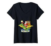 Womens Santa Riding Dinosaur Christmas Palaeontology Design V-Neck T-Shirt