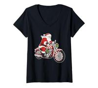 Womens Santa Riding Motorcycle Candy Cane Chopper Funny Xmas Biker V-Neck T-Shirt