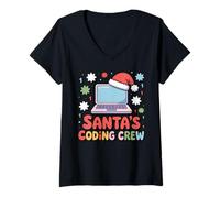 Womens Santa’s Coding Crew Holiday Tech Laptop V-Neck T-Shirt
