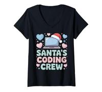 Womens Santa’s Coding Crew Holiday Tech Laptop V-Neck T-Shirt