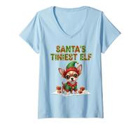 Womens Santa’s Tiniest Elf Funny Chihuahua Christmas Design V-Neck T-Shirt