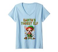 Womens Santa’s Tiniest Elf Funny Chihuahua Christmas Design V-Neck T-Shirt