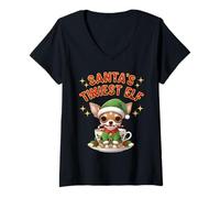 Womens Santa’s Tiniest Elf Funny Cute Chihuahua Christmas Design V-Neck T-Shirt