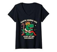 Womens Santa Saurus King of The Holidays Funny Xmas Christmas V-Neck T-Shirt