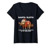 Womens Santa Sloth I Will Deliver Presents Funny Christmas Xmas V-Neck T-Shirt