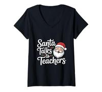 Womens Santa Talks To Teachers Christmas V-Neck T-Shirt