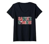 Womens Santa's Coming to Town Cute Christmas Holiday V-Neck T-Shirt