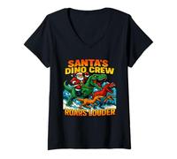 Womens Santa's Dino Crew Roars Louder Funny Xmas V-Neck T-Shirt