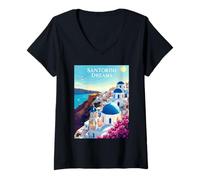 Womens Santorini Blue Domes Santorini Dreams V-Neck T-Shirt
