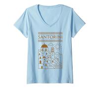 Womens Santorini Greece Blue Dome Churches Greek Ancient Art Travel V-Neck T-Shirt