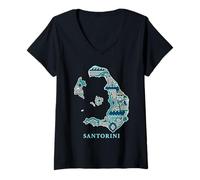 Women's Santorini Greece Map Greek Pattern Travel Vacation V-Neck T-Shirt