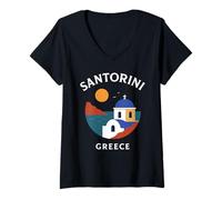 Womens Santorini Greece Retro Blue Dome Island Travel Architecture V-Neck T-Shirt