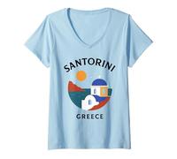 Womens Santorini Greece Retro Blue Dome Island Travel Architecture V-Neck T-Shirt