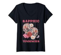 Womens Sapphic Tendencies Femme Lesbian Subtle WLW Sugar Skull LGBT V-Neck T-Shirt