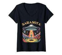 Womens Sarasota Alien UFO Abduction Retro Sci-Fi Art V-Neck T-Shirt
