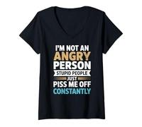 Womens Sarcasm Humor Funny - I'm Not an Angry Person Stupid People V-Neck T-Shirt