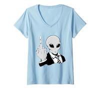 Women's Sarcastic Alien Businessman Middle Finger Suit V-Neck T-Shirt