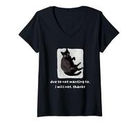 Women's Sarcastic Black Cat Says No Thanks Due to Not Wanting Quote V-Neck T-Shirt