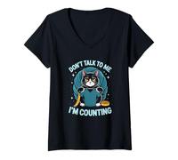 Women's Sarcastic Feline Counting Stitches Yarn Hook Pun Saying V-Neck T-Shirt