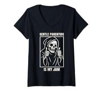 Women's Sarcastic Gentle Parenting is My Jam Tired Skeleton Mom Dad V-Neck T-Shirt