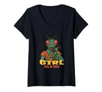 Womens Sarcastic Girl Will Be Girls Praying Mantis Funny Bug Humor V-Neck T-Shirt