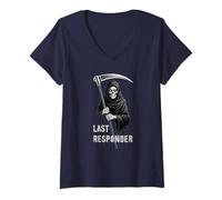 Womens Sarcastic Grim Reaper Last Responder Magical Skeleton Black V-Neck T-Shirt