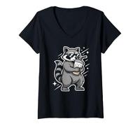 Women's Sarcastic Raccoon Sipping Iced Coffee in Night Skyline V-Neck T-Shirt