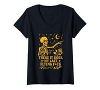 Womens Sarcastic Skeleton Pointing at Moon with Flying F Text V-Neck T-Shirt