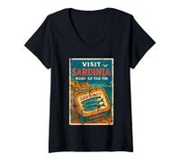 Womens Sardine Visit Sardinia Home of The Tin Retro Mediterranean V-Neck T-Shirt