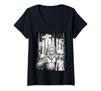 Women's Sasquatch and Alien Peace Sign in The Forest Funny Meme V-Neck T-Shirt