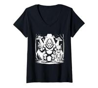 Women's Sasquatch and Alien Peace Sign in The Forest Funny Meme V-Neck T-Shirt