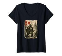 Womens Sasquatch Cryptid Warrior Bigfoot Dressed as Ancient Samurai V-Neck T-Shirt
