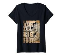 Women's Sasquatch Found Jesus Looking Bigfoot Funny Christian Humor V-Neck T-Shirt