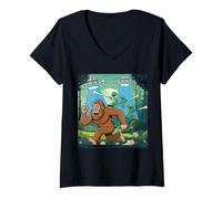 Womens Sasquatch Running from Aliens with Lasers Humor Design V-Neck T-Shirt