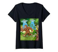 Womens Sasquatch Running from Aliens with Lasers Humor Design V-Neck T-Shirt