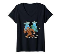 Womens Sasquatch Running from Aliens with Lasers Humor Design V-Neck T-Shirt