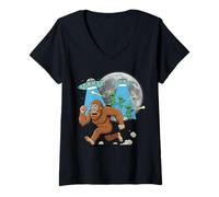 Womens Sasquatch Running from Aliens with Lasers Humor Design V-Neck T-Shirt
