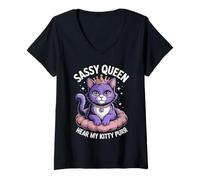 Womens Sassy Cat Queen Bold Kitty Adult Humor V-Neck T-Shirt