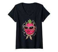 Women's Sassy Dragon Fruit with Leopard Sunglasses & Scarf V-Neck T-Shirt