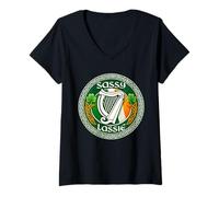 Women's Sassy Lassie Funny St Patricks Day Irish Harp Ireland Flag V-Neck T-Shirt