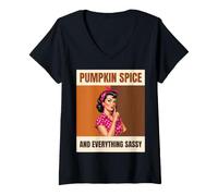 Women's Sassy Pumpkin Spice Pin Up Girl Retro Fall V-Neck T-Shirt