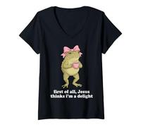 Women's Sassy Toad Pink Bow Jesus Thinks I' Delight V-Neck T-Shirt