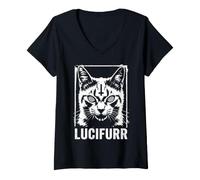 Women's Satanic Cat Lucifurr Black Metal Goth Kitten Occult V-Neck T-Shirt