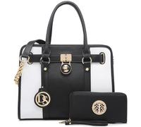 Women's Satchel Handbag Purse, Large Structured Work Tote with Top Handle & Shoulder Strap, Matching Wallet Included, A4 Black and White With Matching Wallet, M