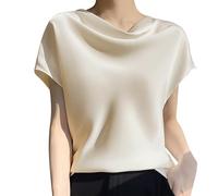 Women's Satin 2024 Spring and Summer New Short Women's French Collar Temperament T Shirt Simple Short Sleeved Large Size Top 4t Long Sleeve Shirt Girl (Beige, L)