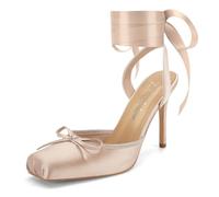 Women's Satin Ballet Heels Ballerina Bow Closed Square Toe Strappy Stiletto High Slingback Lace Up Ankle Strap Wrap Around Spiral Mary Janes Pumps Dress Shoes, Light Pink, 4 UK