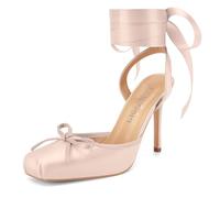 Women's Satin Ballet Heels Ballerina Bow Closed Square Toe Strappy Stiletto High Slingback Lace Up Ankle Strap Wrap Around Spiral Mary Janes Pumps Dress Shoes, Baby Pink, 5.5 UK