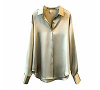 Women's Satin Blouse Casual Solid Color Long Sleeve T Shirts Loose Fit Button Down Lapel Neck Tunic Tops Soft Elegant Comfortable Tee Blouse for Prime Deals Today 2024 Green